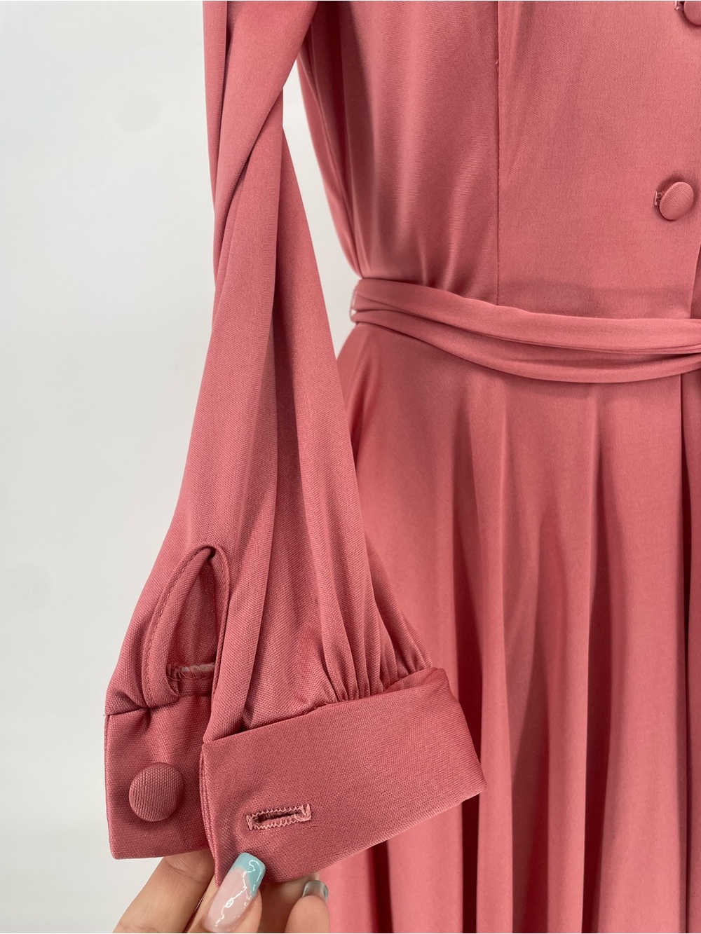 1970s Dusty Rose Long-sleeve Belted Shirtwaist Casual Day Dress Pointed Collar - Picture 3 of 9